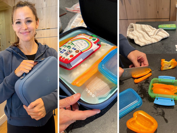 collage of jennifer garner holding lunchbox, lunchbox close-up, and jennifer garner cutting bell peppers
