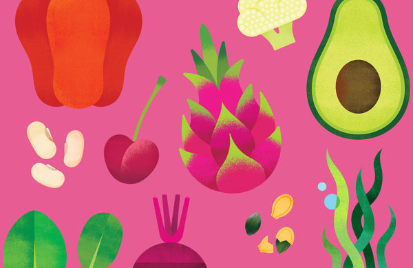 illustrations of various fruits and veggies on a pink background