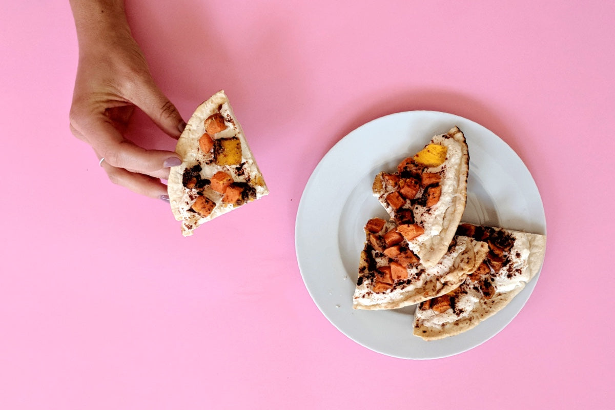 Sweet Potato and Mango Breakfast Pizza using a Once Upon a Farm frozen meal.