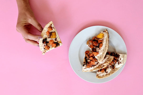 Sweet Potato and Mango Breakfast Pizza using a Once Upon a Farm frozen meal.