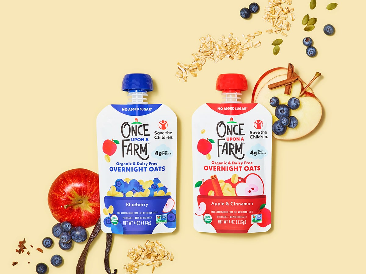 once upon a farm overnight oats, surrounded by fresh ingredients