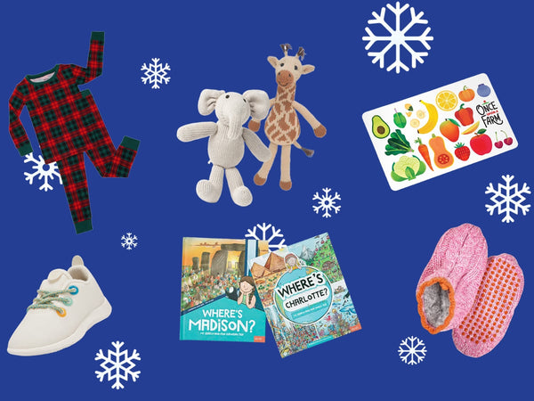 various gifts for kids from brands that give back on a blue background with illustrated snowflakes