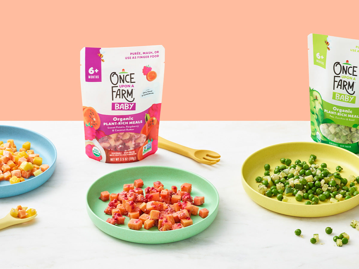 3 different once upon a farm plant-rich meals served on plates, with the product packaging behind each