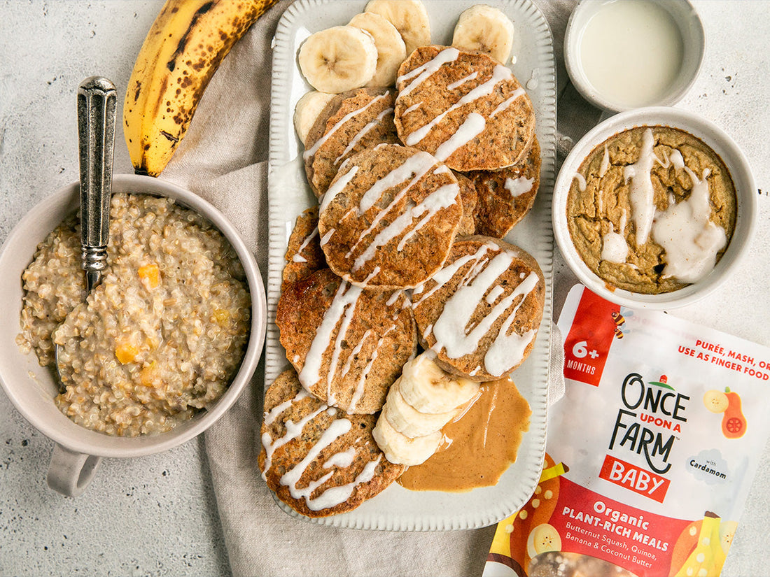 steel cut oats, pancakes, and baked oatmeal made with once upon a farm butternut squash and quinoa meal