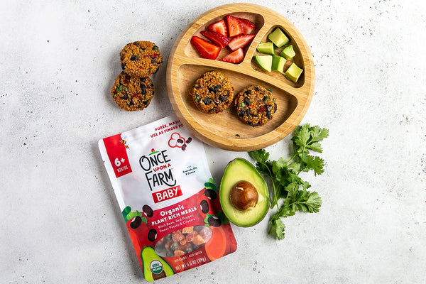 veggie burger patties made with once upon a farm plant-rich meal