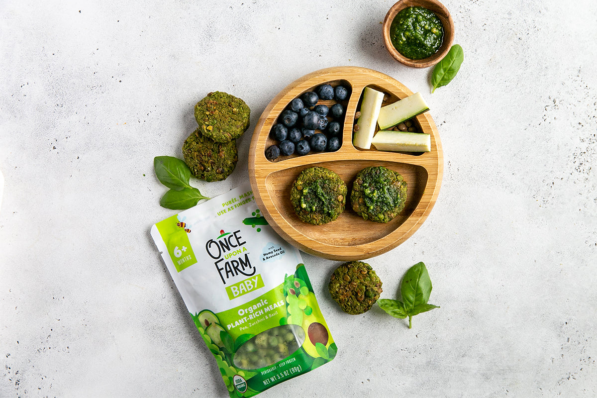 veggie sliders made with Once Upon a Farm Pea, Zucchini & Basil Plant-Rich Meal