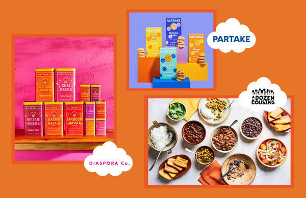 Individual images, featuring an assortment of products, and logos for three brands: Diaspora Co., Partake Foods, and A Dozen Cousins on an orange background