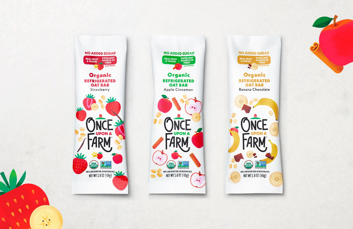 3 Once Upon a Farm Refrigerated Oat Bars on a gray background