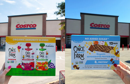 two photos side by side of Once Upon a Farm Immunity Blends and Refrigerated Protein Bars at Costco