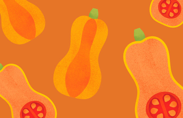 butternut squash illustrations on an orange background