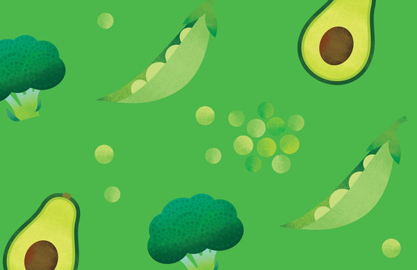 illustrations of broccoli, peas, and avocado on a green background