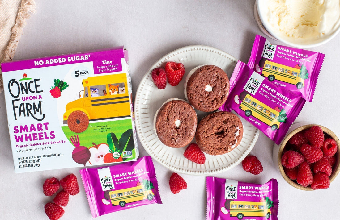 ice cream sandwiches made with Once Upon a Farm Smart Wheels bars on a plate