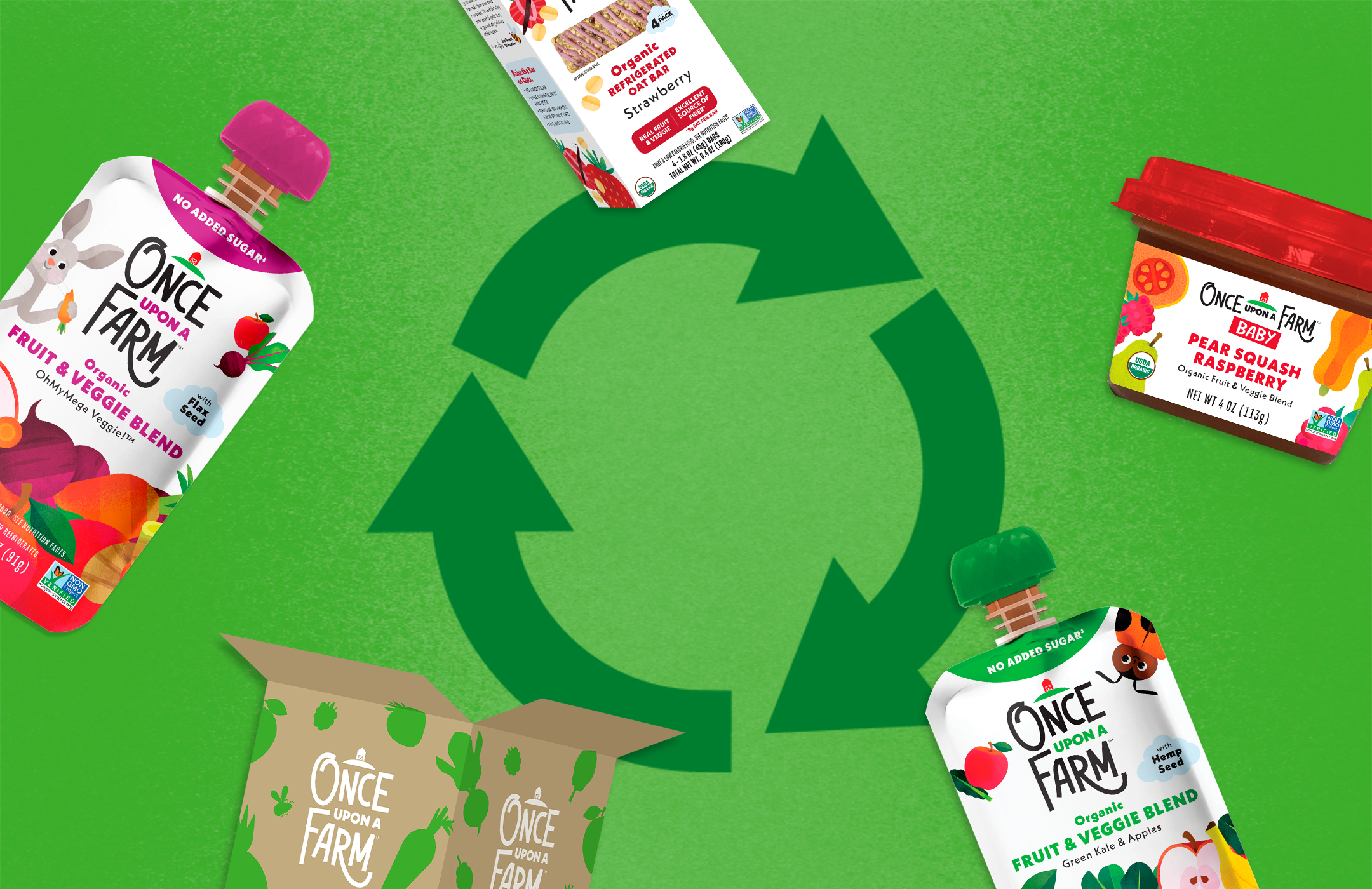 recycling symbol and various once upon a farm packaging on a green background
