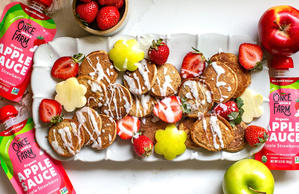 strawberry applesauce pancakes on a serving tray