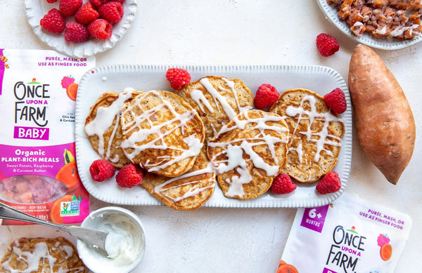 raspberry sweet potato pancakes on a tray 