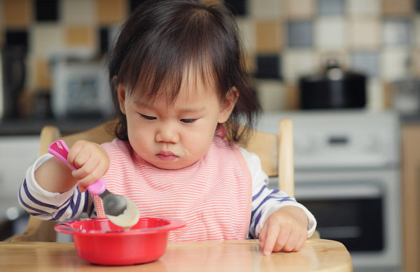 young child sitting in a highchair, holding a spoon just above a bowl of yogurt