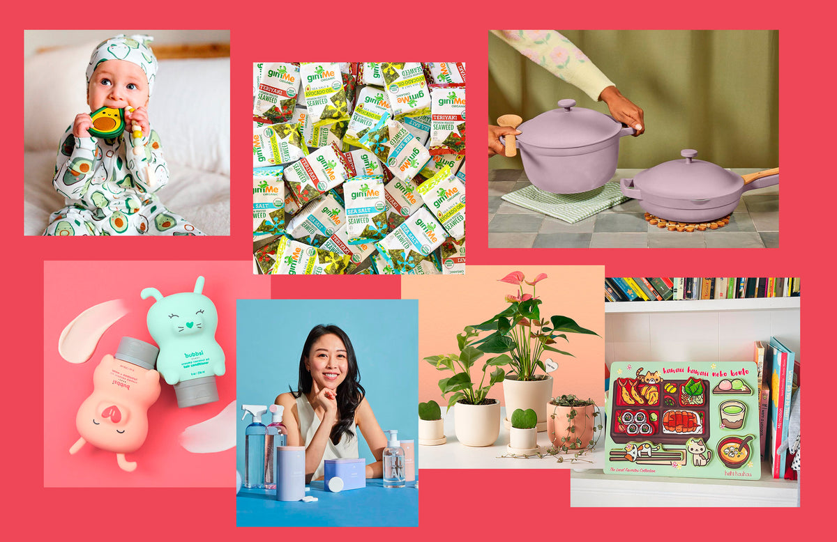 collage of pictures from AAPI-owned brands, including Bubbsi, Blueland, The Sill, and Our Place