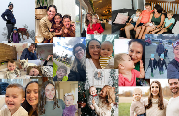 collage of pictures of once upon a farm moms and their kids