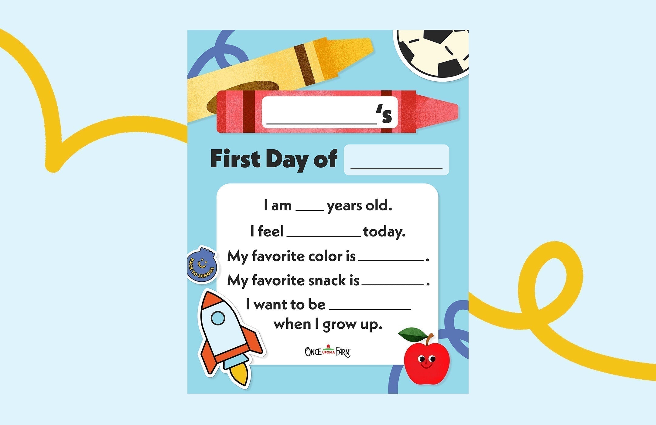 printable first day of school sign on a light blue background with yellow squiggles