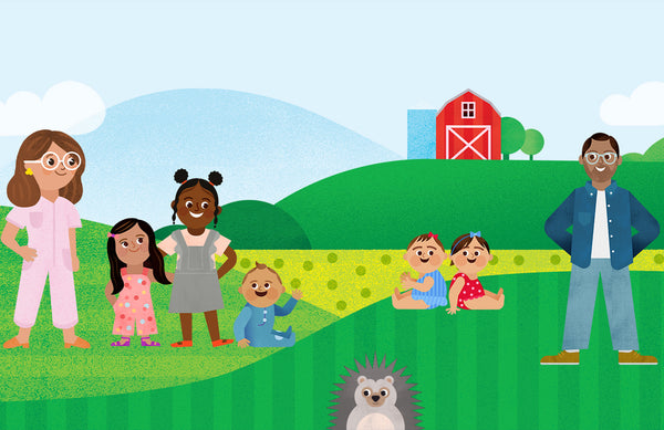 Illustration of a farm with various illustrations of parents and kids