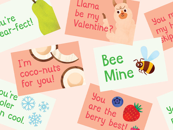 once upon a farm valentine's day cards, featuring fruit, veggie, and animal illustrations. they read, 