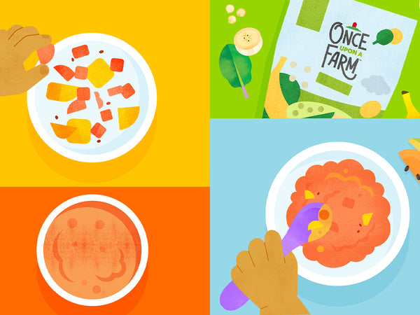 grid of 4 illustrations of baby food: puréed, mashed, steamed, and the package they come in