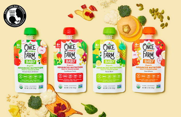 Once Upon a Farm Advanced Nutrition blends, next to the First 1,000 Day Promise certification label