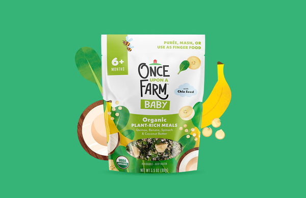 Once Upon a Farm Organic Baby Food Meal on a green background, surrounded by illustrations of fruits & veggies