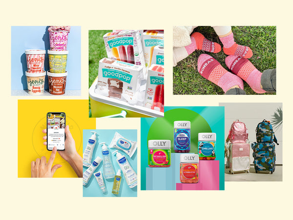 collage of b corp brands on a cream-colored background. featuring jeni's ice cream, bombas, olly vitamins, and more