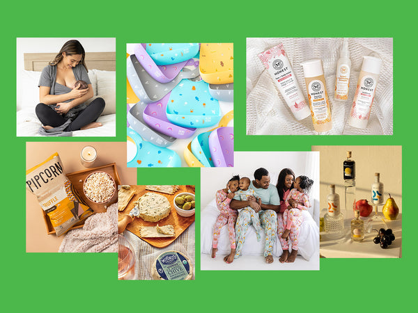 collage of women-owned brands, including Pipcorn, The Honest Company, and Little Sleepies on a green background