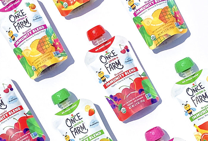 Product shots of 3 Once Upon a Farm Immunity Blend flavors. 