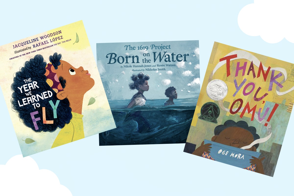 Blue background featuring three book covers of children's books by black authors