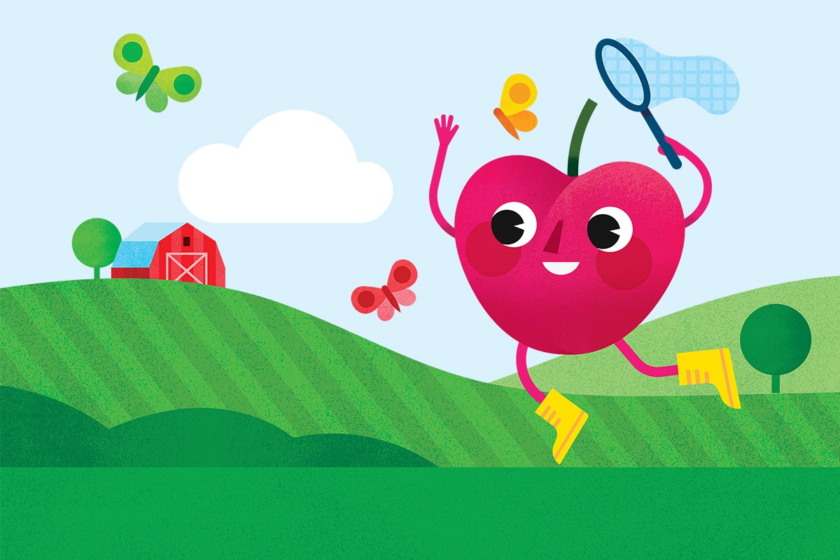 illustration of a characterized cherry chasing butterflies on a farm