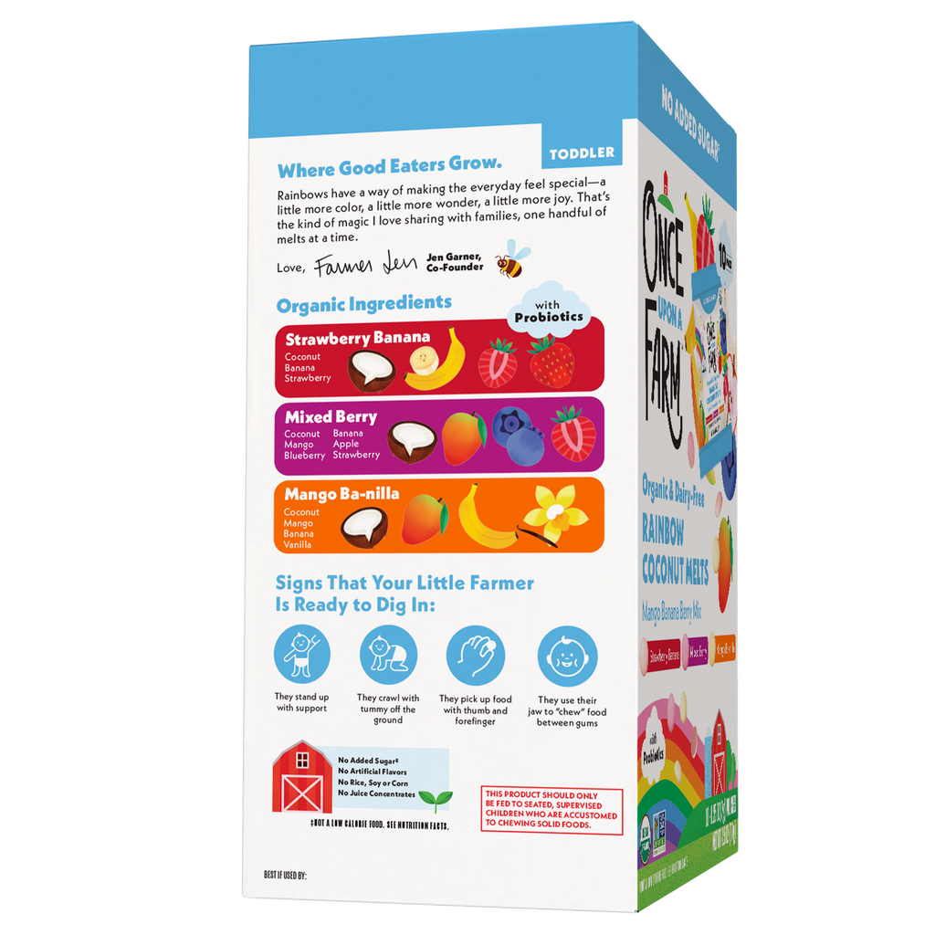 Toddler-sized box of Rainbow Co. Organic Baby Food, featuring colorful front panels with product information, ingredient illustrations, and branding on a white background.