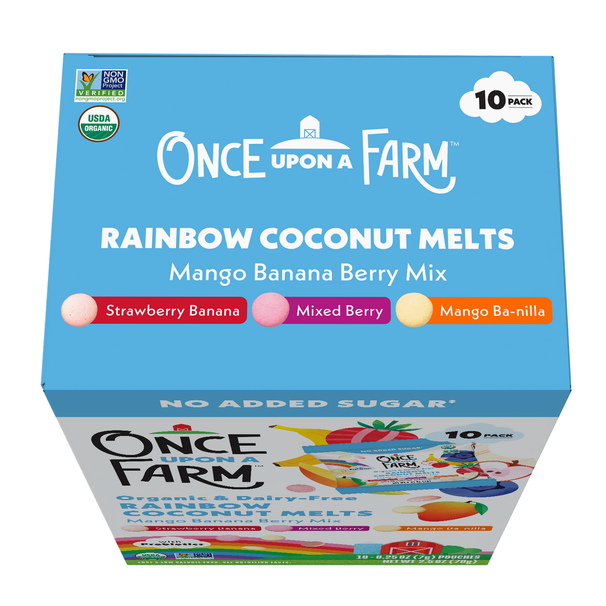 A 10-pack box of Once Upon A Farm Rainbow Coconut Melts in Mango Banana Berry Mix, featuring a bright blue top panel with product details and flavor icons.
