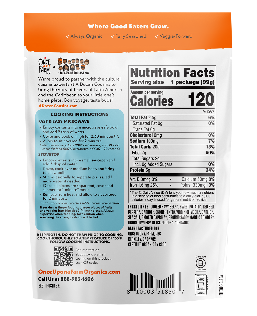 Cajun Beans Frozen Meal back of Packaging - Kosher Removal