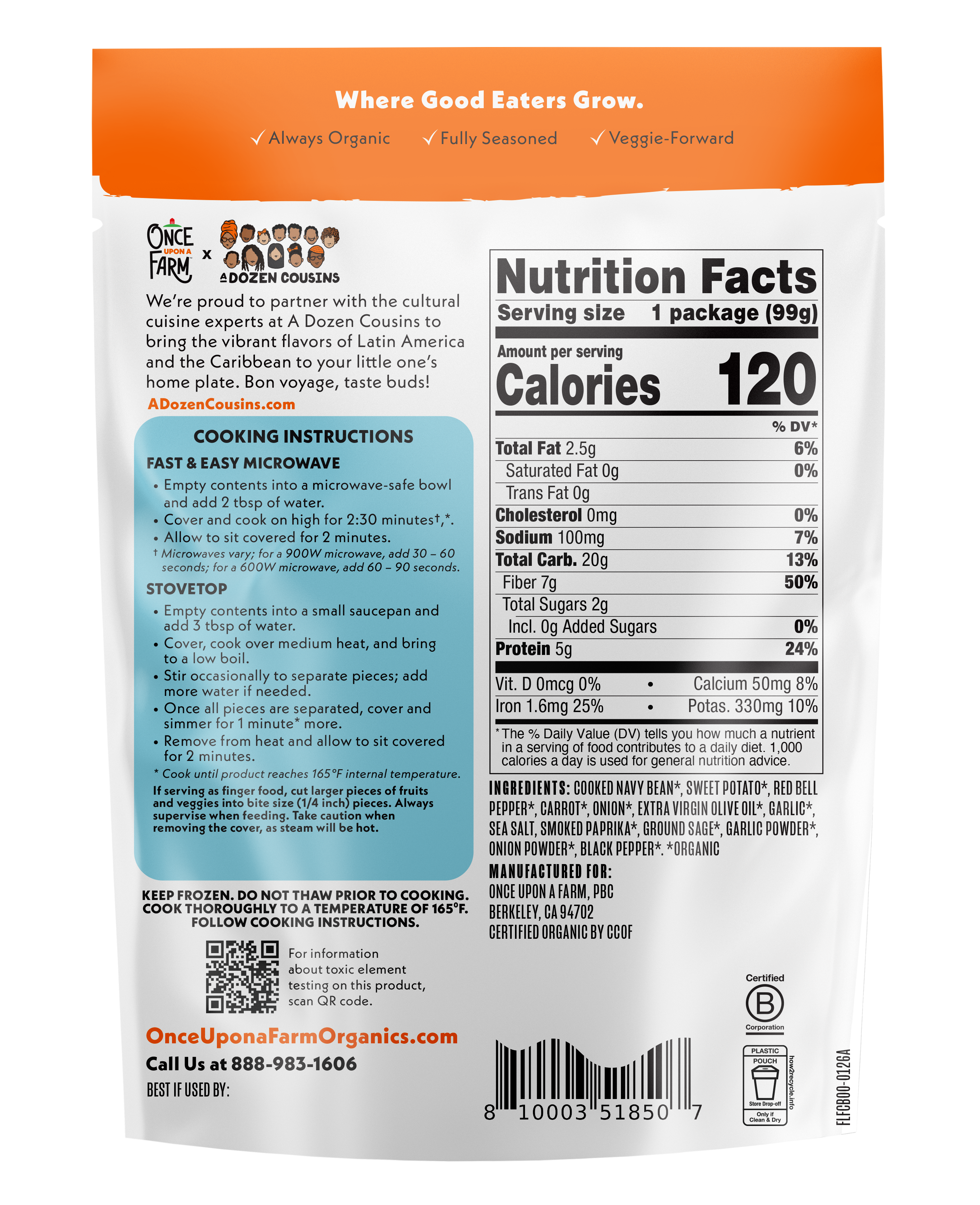 Cajun Beans Frozen Meal back of Packaging - Kosher Removal