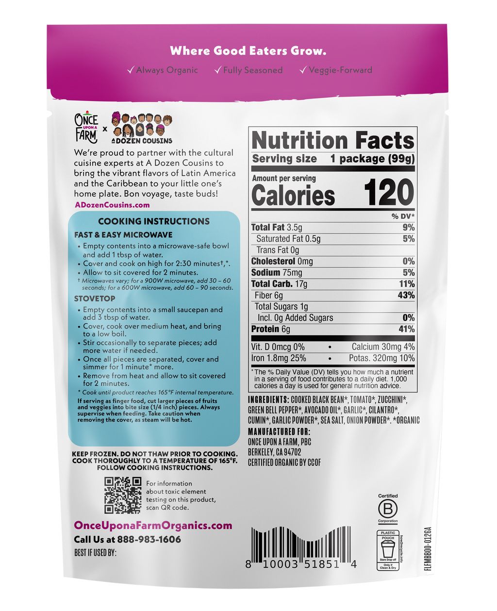 Mexican Black beans frozen meal back of pack