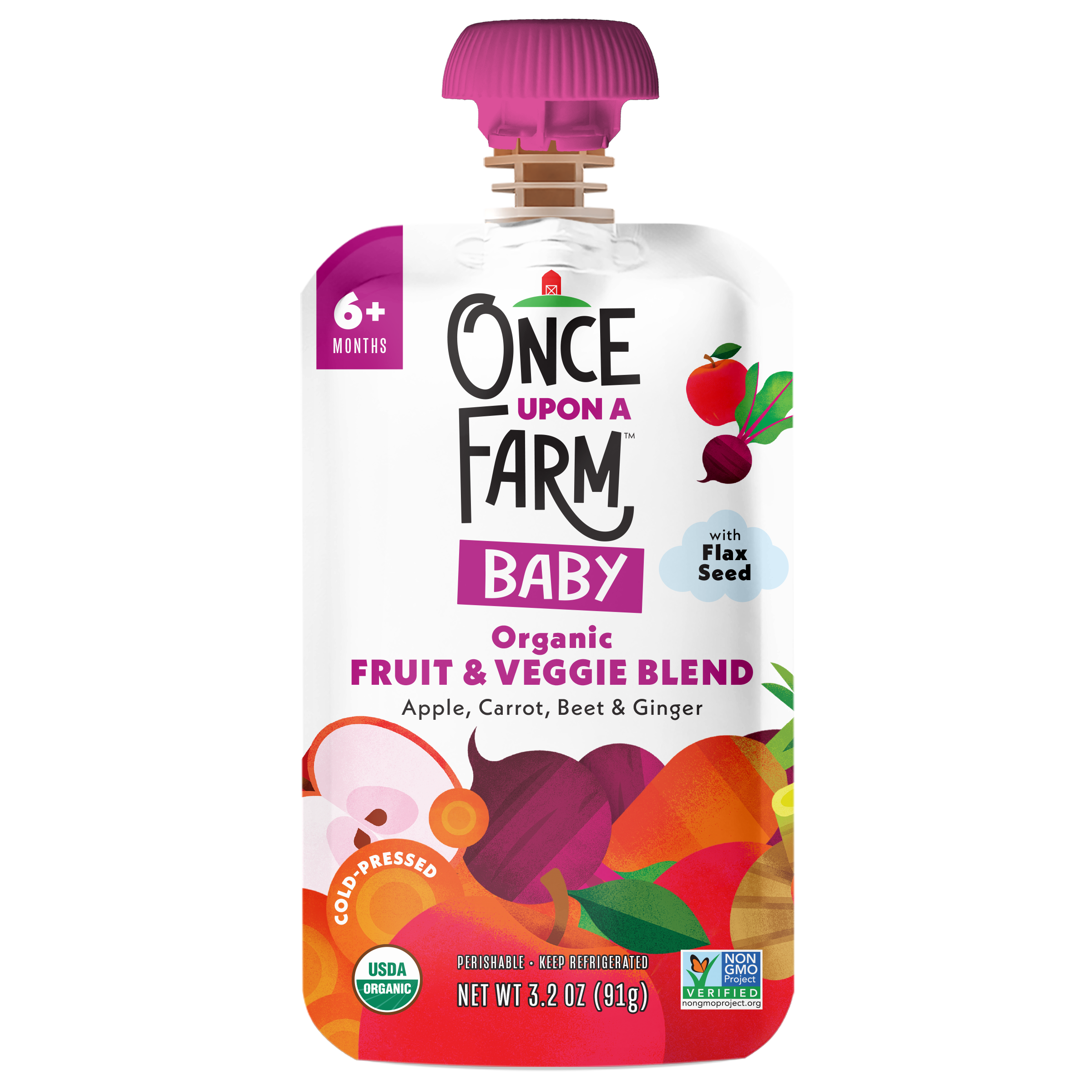 Once Upon a Farm Apple, Carrot, Beet & Ginger with Flax Seed Organic Baby Food Pouch, 3.2oz