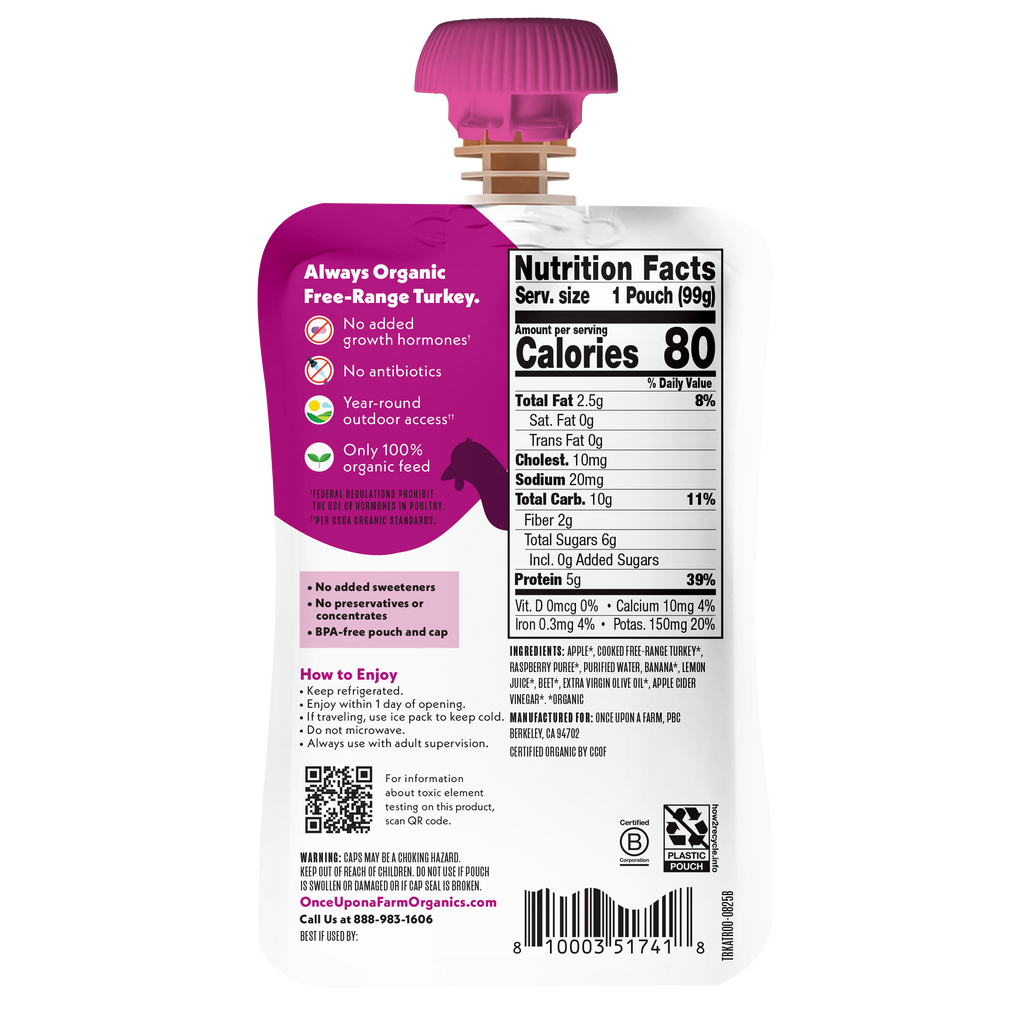 Once Upon a Farm Apple, Turkey, Raspberry, Banana Organic Baby Food Pouch, 3.5oz. Back of Pouch. 