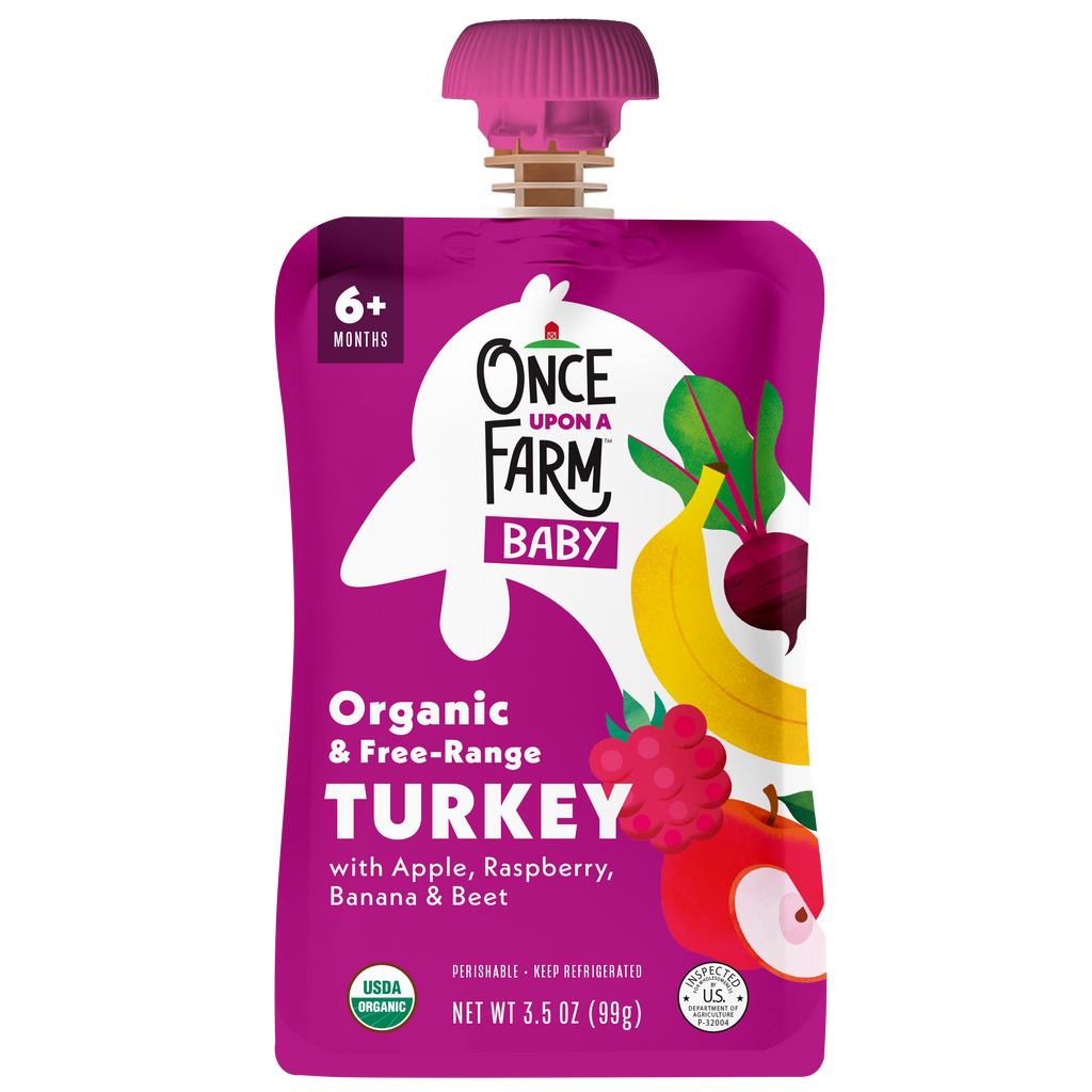 Once Upon a Farm Apple, Turkey, Raspberry, Banana Organic Baby Food Pouch, 3.5oz. Front of Pouch. 