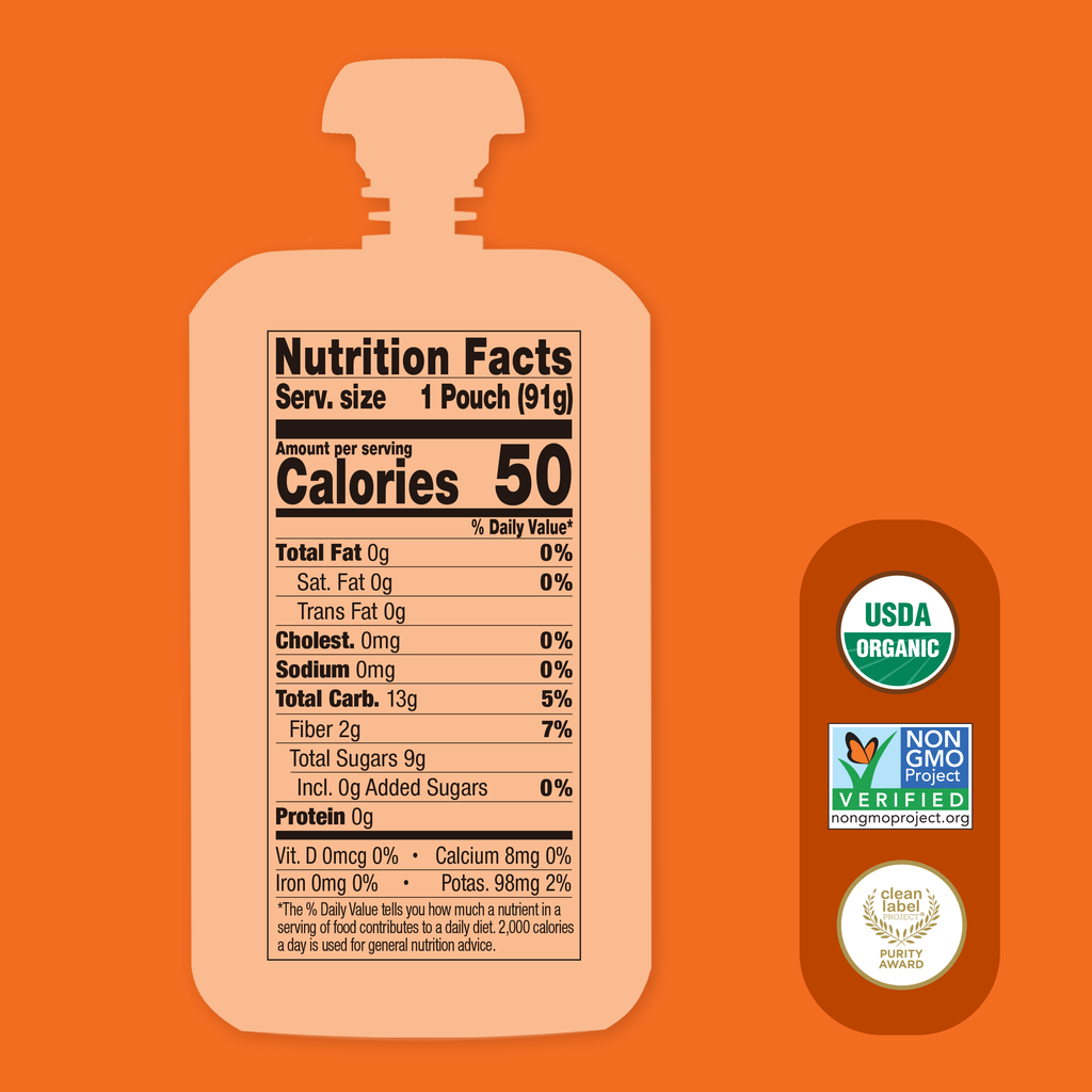 Apple Cinnamon Applesauce Nutrition facts label on a beige pouch with organic and non-GMO project logos on an orange background