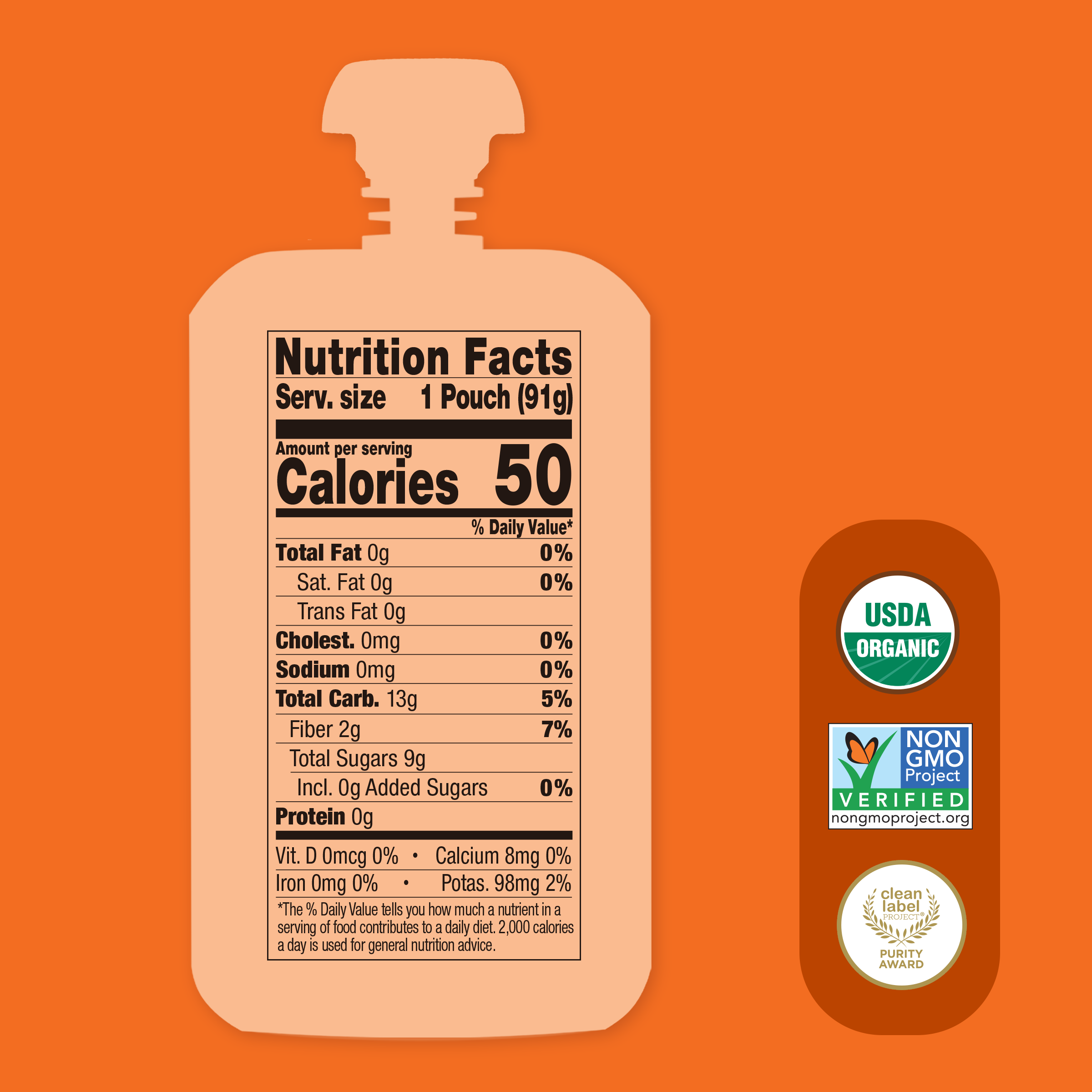 Apple Cinnamon Applesauce Nutrition facts label on a beige pouch with organic and non-GMO project logos on an orange background