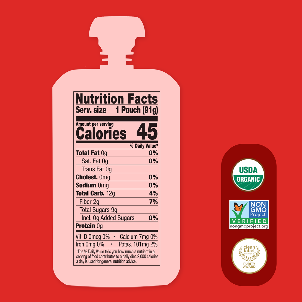Apple Strawberry Applesauce Nutrition facts label on a pink pouch with USDA Organic and Non-GMO Project Verified logos on a red background.