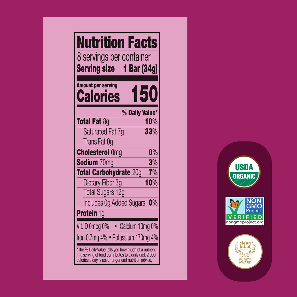 Nutrition facts label and organic certification logos on a pink background