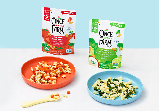 Once Upon a Farm pasta pictured in packaging and on plate.