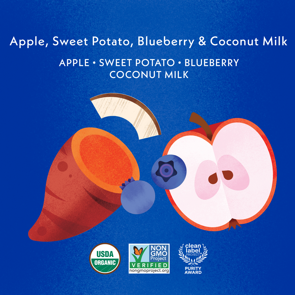 Apple, Sweet Potato, Blueberry & Coconut Milk Baby Blend: Apple, Sweet Potato, Blueberry and Coconut Milk. USDA Organic, Non GMO Project Verified, Clean Label Project Purity Award logos
