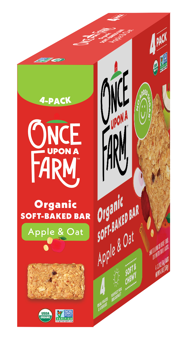 Box of Once Upon a Farm organic soft-baked bars with apple and oat flavor on a white background
