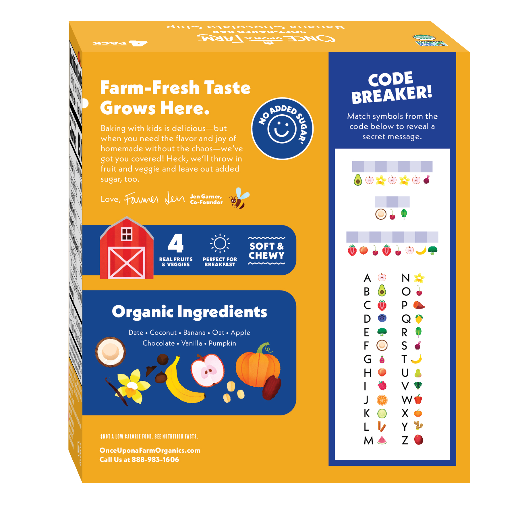 Box of organic snacks with educational elements and a code breaker feature.