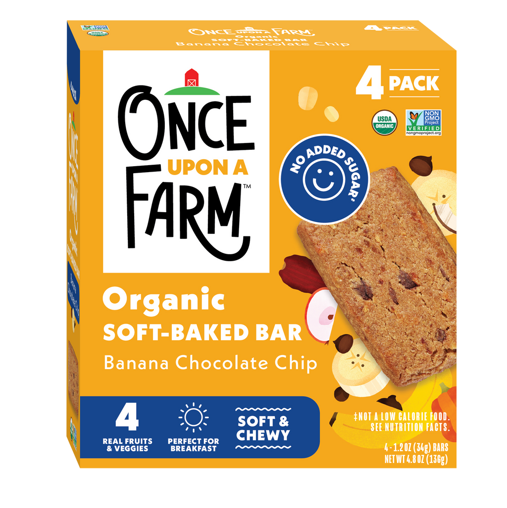 Box of Once Upon a Farm organic Banana Chocolate Chip Soft Baked Bar, on a white background